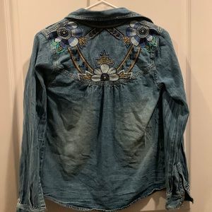 Cute Floral Embroidered Denim Button Down Shirt